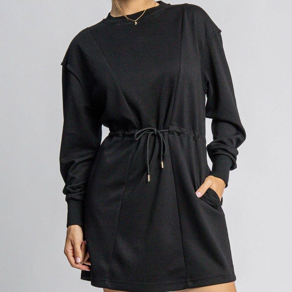 UMGEE BLACK LUXEKNIT DRAWSTRING WAIST LONG SLEEVE DRESS